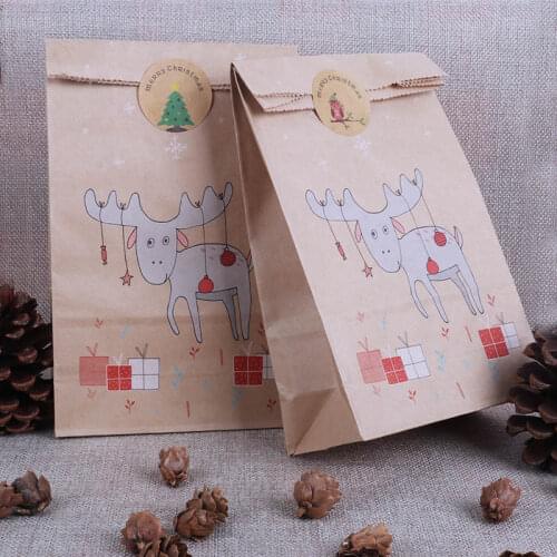 12pc Christmas Paper Gift Box Bags With Seal Stickers Christmas Navidad Fox Reindeer Candy Bag Packing Cookie Bag Natal Supplies