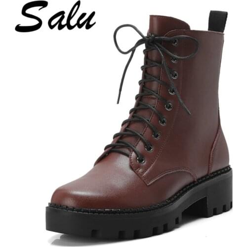 Salu Women Genuine Leather Boots Brogue Ankle Boots Fashion Chelsea square Heels Ladies Booties Spring Ladies Shoes