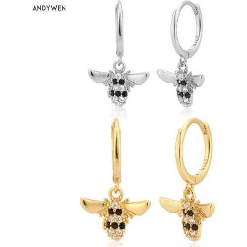 ANDYWEN 925 Sterling Silver Bee Animal Pendant Drop Earring Women Fashion Jewelry For Party Crystal Zircon Rock Punk Wedding