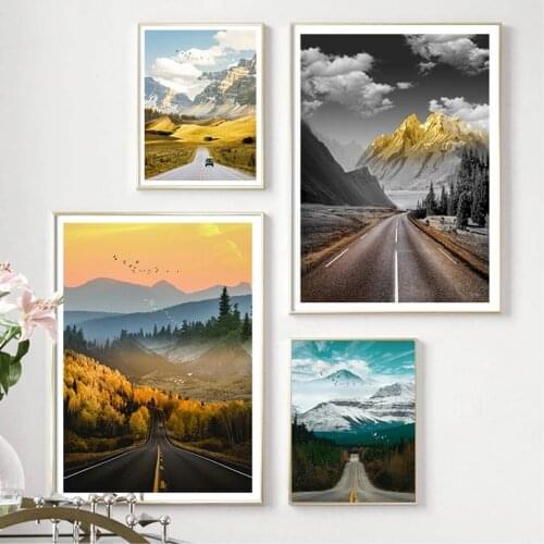 Nordic Travel Landscape Road Trees Mountain Canvas Painting Autumn Nature Scenery Wall Art Poster for Home Decoration Pictures