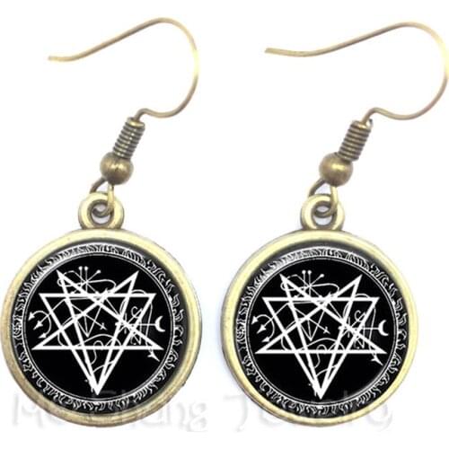 Supernatural Wickedest Pentacle Satanic Goat Head Glass Cabochon Earrings Goth Wiccan Star Goat head Gift For Pray For Happiness