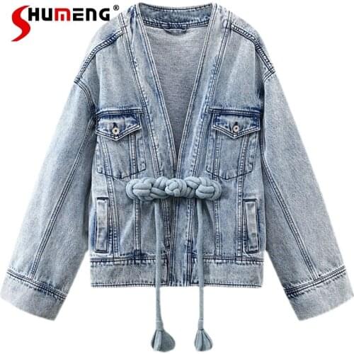 2021 Early Autumn New Fashion Woman Loose Retro Buckle Placket Jean Jackets Retro Casual Washed Blue Cotton Denim Coat for Women