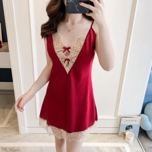 Womens Summer Nightdress Lace Deep V Sexy Sling Elegant wine red Nightdress comfortable soft sleepwear women ночная сорочка