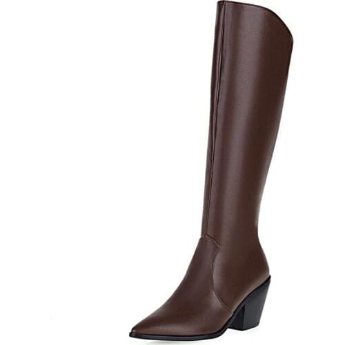 White Pointed Toe Wedges Knee-Length Womens Boots Back Zipper Thick Heel Brown Fashion Shoes 2021 Vintage Knight Boots