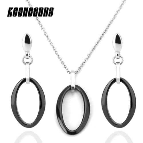 New Simple Style Round Ceramic Jewelry Set Drop Earrings Pendant Necklace Black White Color Classic Fashion Jewelry For Women