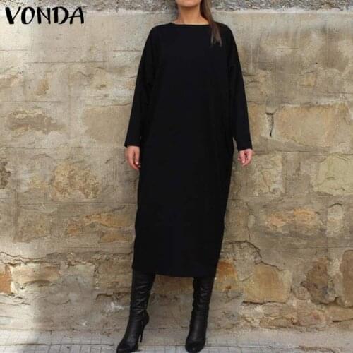 VONDA Women Autumn Long Dress Fashion Round Neck Long Sleeve Shirt Dress Vestidos Robe Femme Womens Sundress