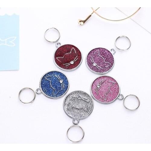 Dog Tags Engraved Cat Puppy Pet ID Name Dog Collar Tag Pendant Pet Accessories Cat Face Glitter Random Color