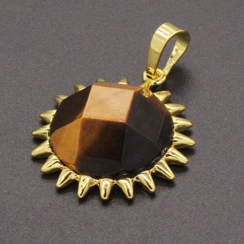 100-Unique 1 Pcs Light Yellow Gold Color Sun Flower Shape Natural Tiger Eye Stone Pendant For Men Jewelry