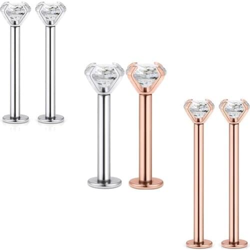 16G Stainless Steel Labret Dimple Cheek Tongue Rings Barbell Body Piercing Jewelry 4mm Clear Cubic Zirconia Inlaid Bar Length
