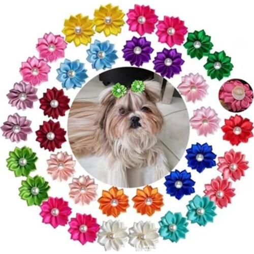 20PCS Cute Small Dog Hair Bowknot Flower Imitation Pearl Topknot with Rubber Band Pet Grooming Hair Bows Hair Decor Accessories