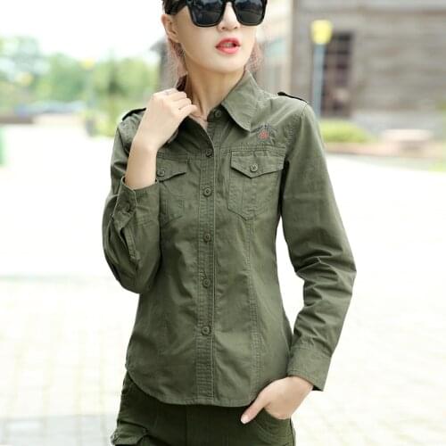 2020 Army Green Shirt Ladies Cotton Long Sleeve Badge Military Uniform Slim Blouses Plus Size 4XL 5XL Women Clothing