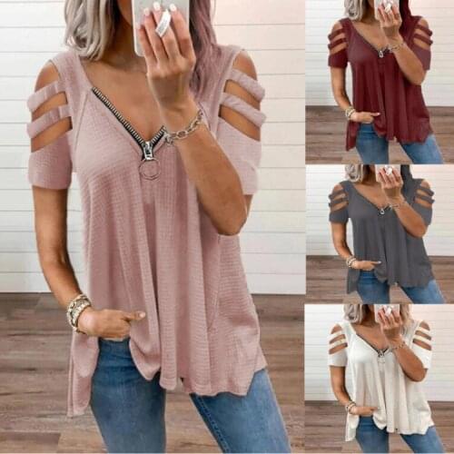2021 Summer Sexy T-Shirt Tops Solid V-Neck Zipper Hollow Short-Sleeved Tops Hedging Womens Clothing T Shirt Women