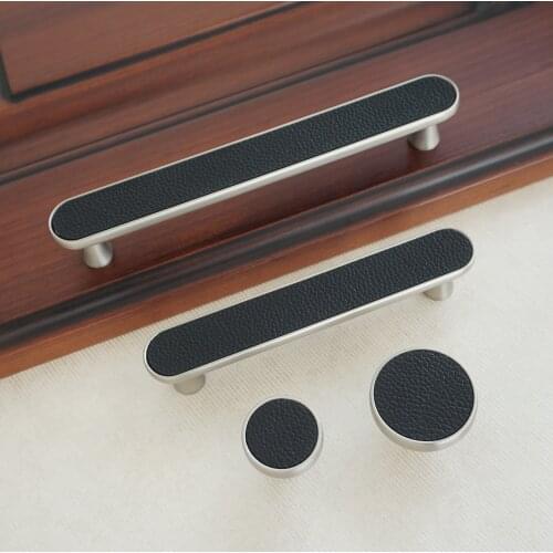 3.75" 5" Black Leather Door Handles Silver Zinc Alloy Cabinet Pulls Knobs Round Modern Furniture Drawer Knob 96 128mm Hardware