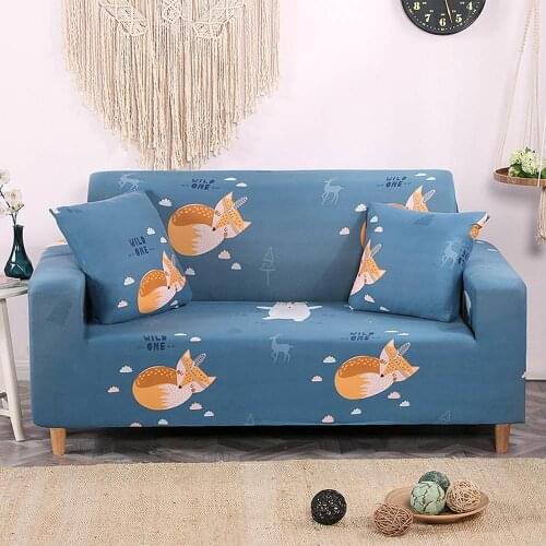 Blue Grey Deer Fox Nordic Print Sofa Cover Slipcover Stretch Elastic Spandex/Polyester Chair Loveseat L Shape Sofa Protector