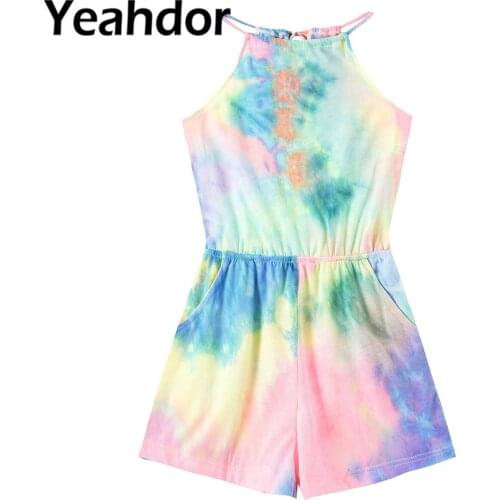 Kids Girls Summer Tie Dye Print Jumpsuit Casual Wear Halter Neck Sleeveless Straps Self Tie Back Shorts Bodysuit Streetwear