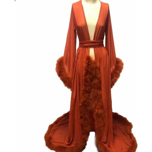 Elegant Fur Evening Dresses Maternity Photoshoot Babyshower Gowns Custom Made Long Sleeves Sexy Split Prom Party Dress