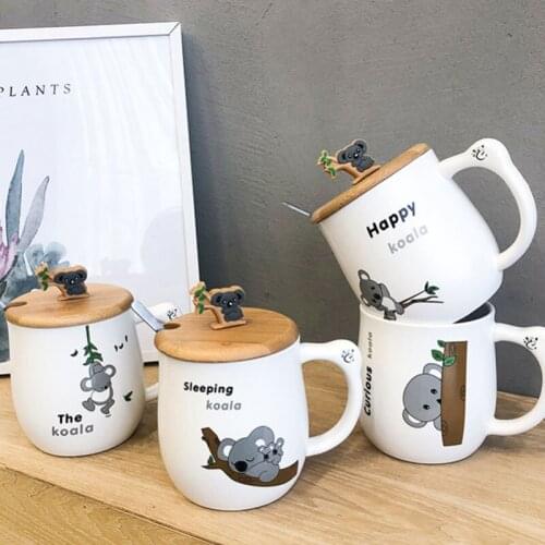450ML Ceramic Mark Cup Breakfast Milk Coffee Porcelain Mug Japanese Style Koala With Spoon Bamboo Lid Gift