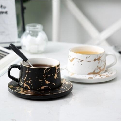 Nordic Ceramic Marble Coffee Mug with Saucer and Spoon Set Creative Porcelain Matte Teacup Vintage Bar Wedding Party Milk Cup