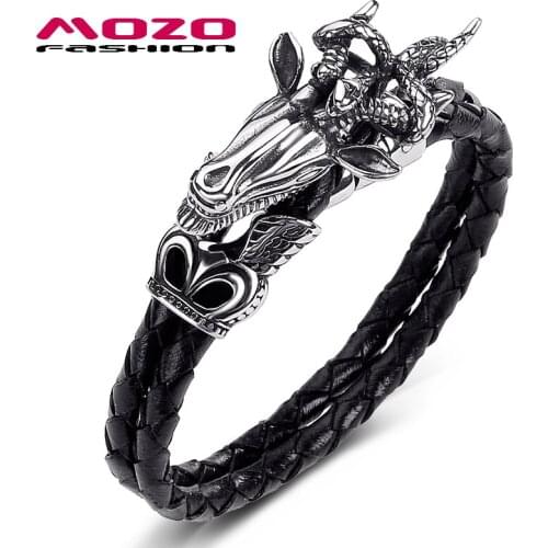 Hot Sale Mens Bracelets Fashion Jewelry Black Double Layer Leather Bangle Stainless Steel Punk King of Beasts Sheep PS1051