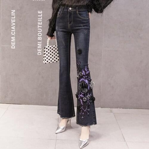 New Design Womens High Waist Vintage Denim Flare Pants Appliques Embroidery Ripped Full Length Stretch Slim Female Mermaid pants