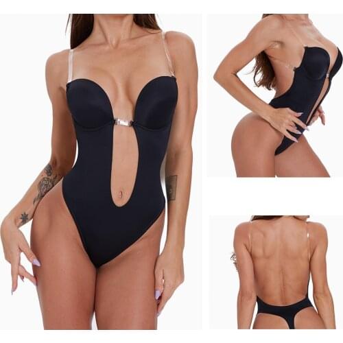 Sexy Women Shapewear Clear Strap Backless Deep Plunge Thong Push Up Padded Bra Body Shaper Shaping Underwear Body Suit