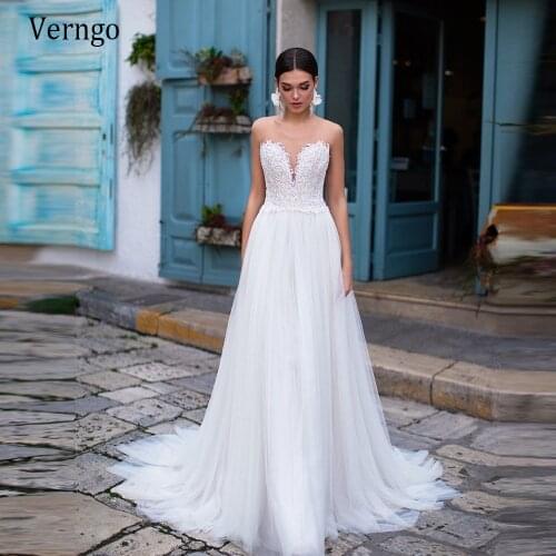 Verngo 2021 Elegant A Line Lace Applique Wedding Dress Sheer O Neck Cap Sleeves Tulle Buttons Back Sweep Train Bridal Gowns