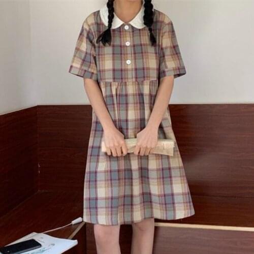 Dress Women Peter Pan Collar Retro Plaid Harajuku Kawaii Loose Preppy Style Short Sleeve Leisure Summer Dresses Midi Vintage