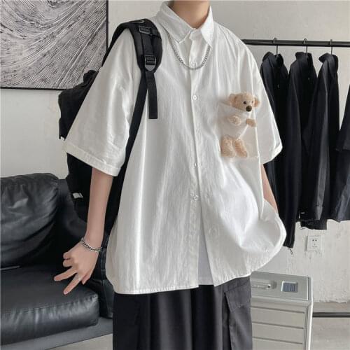 2021 Korean Style Summer Mens Short Sleeve Loose Shirt Camisa Masculina Bear Doll Shirts Streetwear Fashion Cotton Shirts