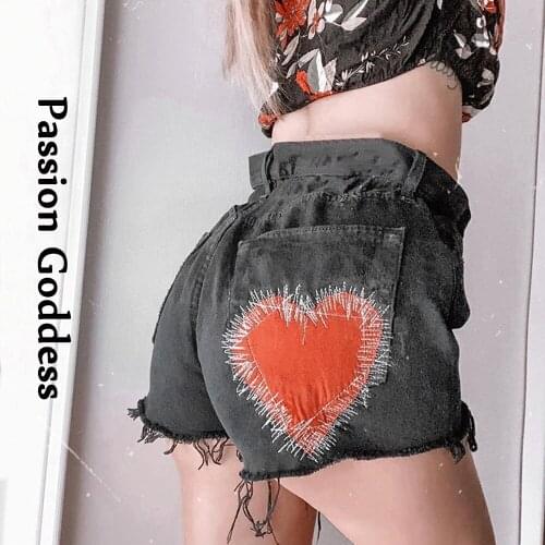 Summer Women Love Heart Embroidery Shorts High-waist Tassel Fringe Shorts Pocket Straight Shorts Feminino Chic Hot Ladies Bottom