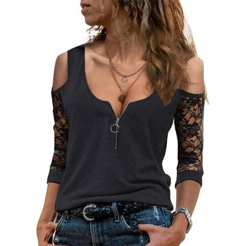 Women Elegant Off-Shoulder Tops Lace Three Quarter Sleeve Sexy Zipper Up V Neck Shirt Black Female Ladies Autumn Clothes D30