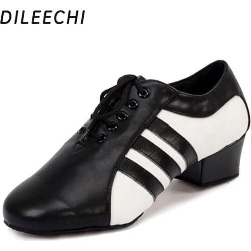 DILEECHI Latin dance shoes Mens genuine leather black soft outsole male ballroom dancing shoes 4cm heel height