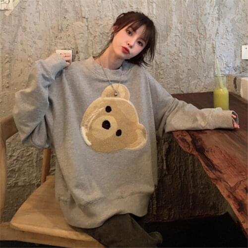 Za 2020 New Harajuku Cartoon Hoodie Oversized Cute Bear Sweatshirts kawaii Bear Pullover Korean Round Neck Top Hoodies Women