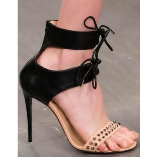 Moraima Snc Fashon Open Toe High Heel Sandals Rivets Studded Gladiator Shoes Woman Runway Lace-up Mixed Colors Dress Heels
