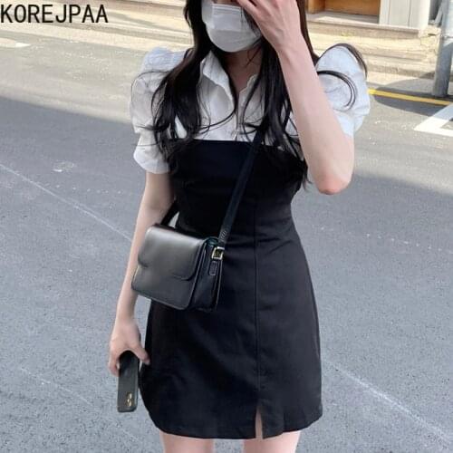 Korejpaa Women Sets 2021 Summer Korean Chic Ladies Lapel Single-Breasted Puff Sleeve Shirt Back Lace Slim-Fit Slit Sling Dress