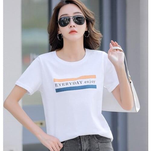 Womens Summer T-shirts 2021 Korean Loose Letter Print O-neck Tops Short Sleeve Tee Shirts Femme Cotton Casual Top