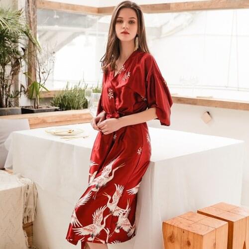 Yhotmeng2019 new ladies long sleeves silk bathrobe robe print robe with belt M-XXL