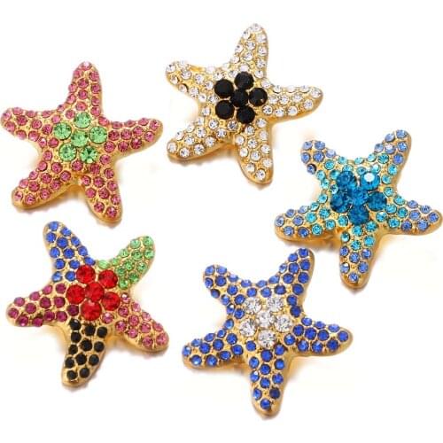 10pcs/lot Full Rhinestone Colorful Starfish Metal Snap Buttons Fit 18mm DIY Snap Bracelets&Bangles Jewelry