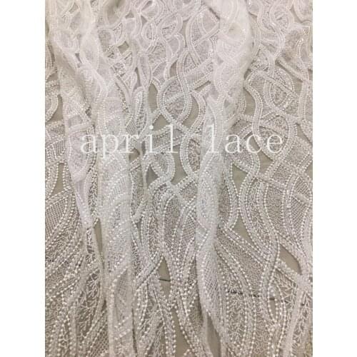 2019 hot sale stock 5yards jj002 ivory offwhite beads sequin luxury embroidery net mesh lace fabric for bridal wedding dress