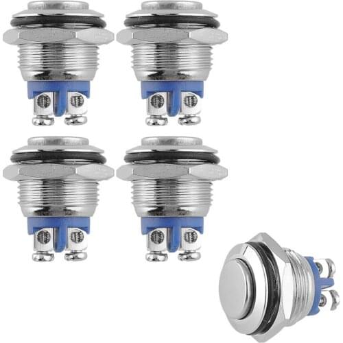 5 X DIY High Head 16mm Horn Momentary Stainless Steel Metal Push Button Switch