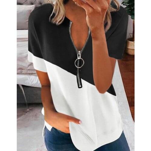 Print Tops Women Summer New Elegant Fashion V-Neck Zip Blouse Shirts Women Casual Short Sleeve Pullover Streetwear 2021