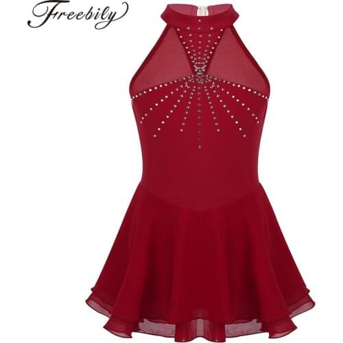 Kids Ballet Dress Girls Sparkly Rhinestone Mesh Splice Roller Skating Dress Dancewear Performance Gymnastics Leotard Dance Dress