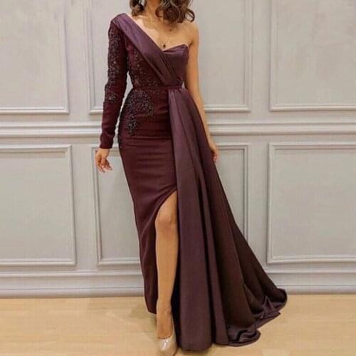 One Shoulder Evening Dress Long Mermaid 2020 Beads Full Sleeves with Split Saudi Arabic Formal Dress Evening Gown Robe De Soiree