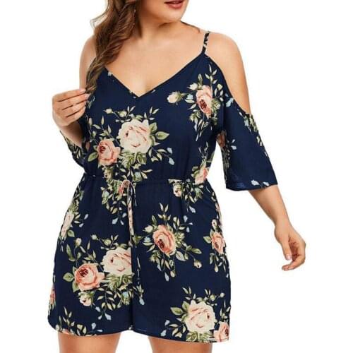 Women Plus Size Casual V-Neck Leakage Shoulder Printing Loose Rompers Shorts 2021 Floral Print Tunic Maxi Long Dresses Big Size