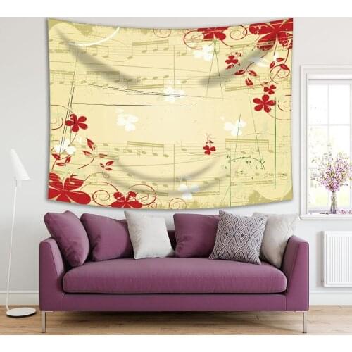 Tapestry Flowers Pattern on Sheet Music Notes Vintage Style Floral Artwork Beige and Red