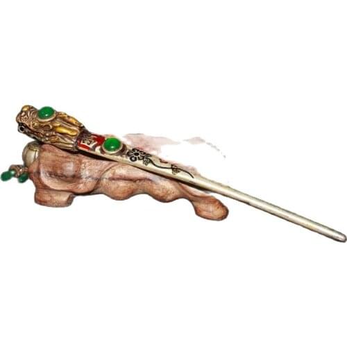 Chinese Old Craft Made Old Tibetan Silver Inlaid Emerald Pure Hairpin