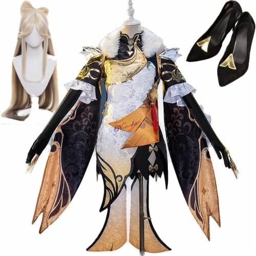 Game Genshin Impact Cosplay NingGuang Costume Shoes Wig Anime Halloween Party Cheongsam Qipao Dress For Women Girls