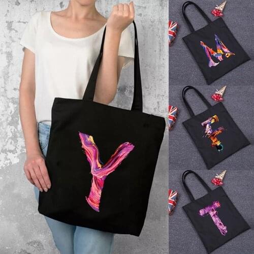 Colorful Letter Pattern Shopping Bag Shopper Eco Canvas Cotton Shopper Fashion Black Printing Foldable Handbag Canvas Tote Bag