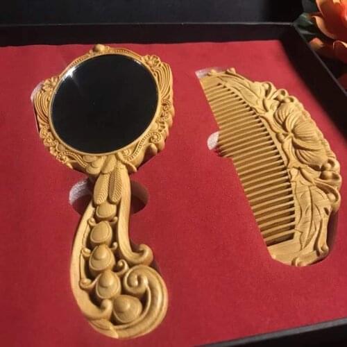 Auténtica peonía de ciprés de Taihang, peine de tallado de pavo real, juego de espejo, peine antiestático regalo artesana