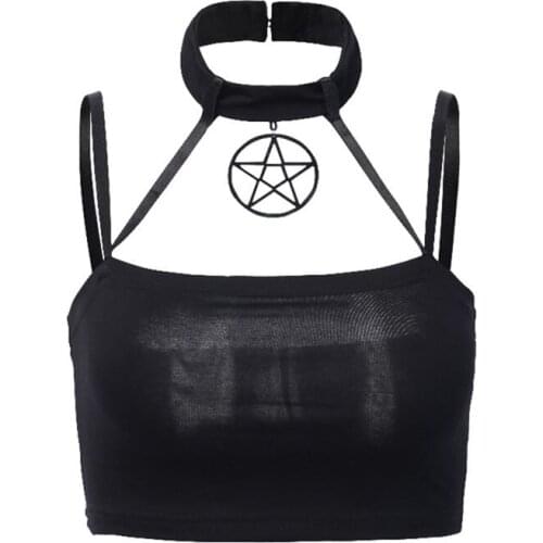 Summer Gothic Street Chic Sexy Club Punk Black Tank Tops Women Slim Halter Hollow Backless Goth Female Fashion Crop Tops