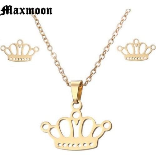 Maxmoon Gold Color Jewelry Set Princess Queen Crown Stainless Steel Jewelry Sets Wedding Engagement Necklace Earrings Sets